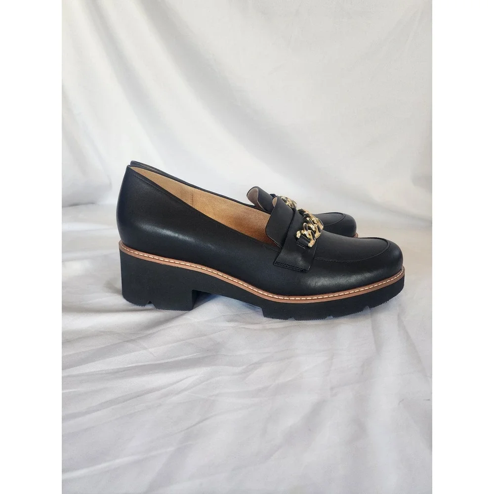 Naturalizer Darry Black Leather Chunky Lug Sole Chain Loafers Womens 12W Wide